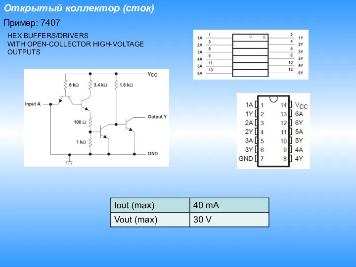 Открытый коллектор (сток) Пример: 7407 HEX BUFFERS/DRIVERS WITH OPEN-COLLECTOR HIGH-VOLTAGE OUTPUTS