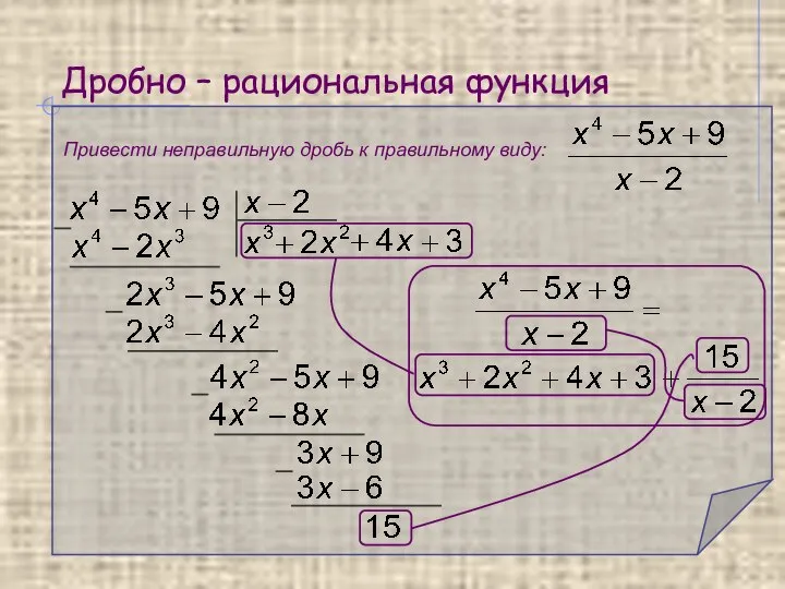 Дробно – рациональная функция Привести неправильную дробь к правильному виду: