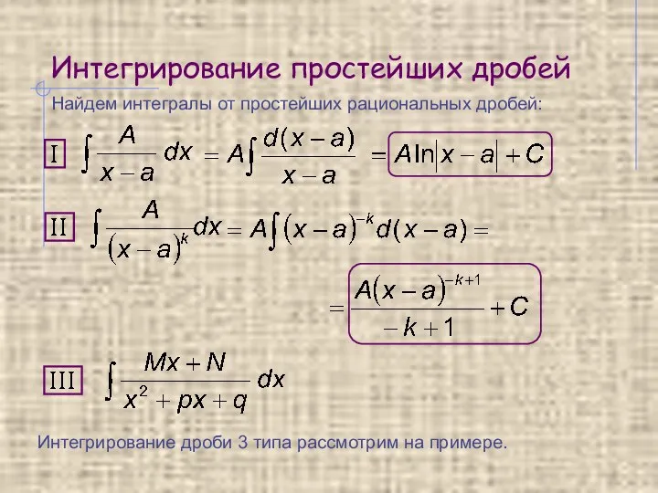 Интегрирование простейших дробей Найдем интегралы от простейших рациональных дробей: Интегрирование дроби 3 типа рассмотрим на примере.