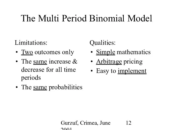 Gurzuf, Crimea, June 2001 The Multi Period Binomial Model Limitations: Two