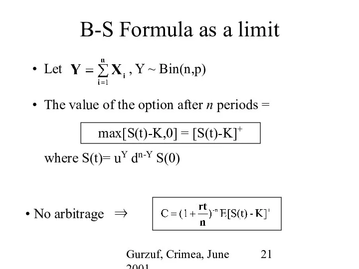 Gurzuf, Crimea, June 2001 B-S Formula as a limit Let ,