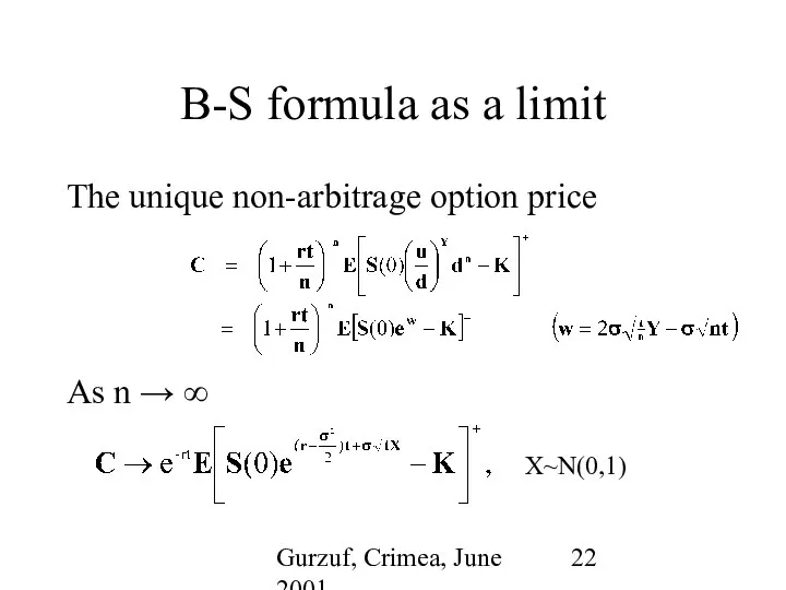 Gurzuf, Crimea, June 2001 B-S formula as a limit The unique