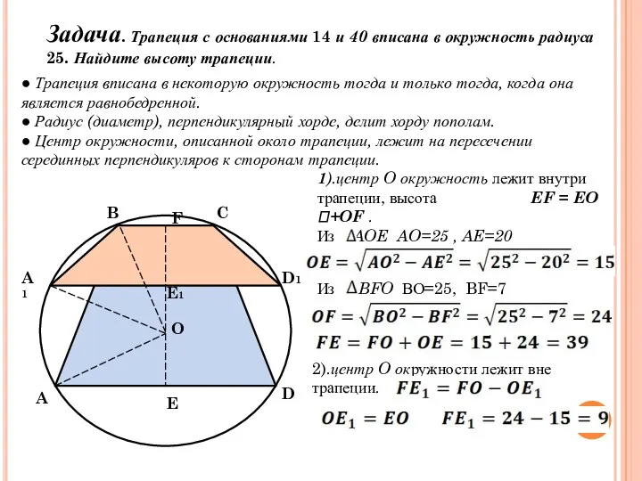 Задача. Трапеция с основаниями 14 и 40 вписана в окружность радиуса