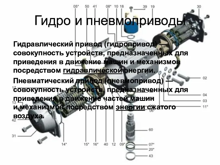 Гидро и пневмоприводы Гидравлический привод (гидропривод) — совокупность устройств, предназначенных для