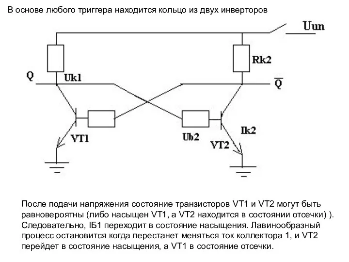 После подачи напряжения состояние транзисторов VT1 и VT2 могут быть равновероятны