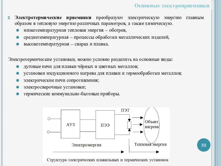 Электротермические приемники преобразуют электрическую энергию главным образом в тепловую энергию различных