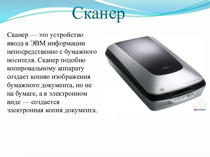 Сканер Сканер — это устройство ввода в ЭВМ информа­ции непосредственно с