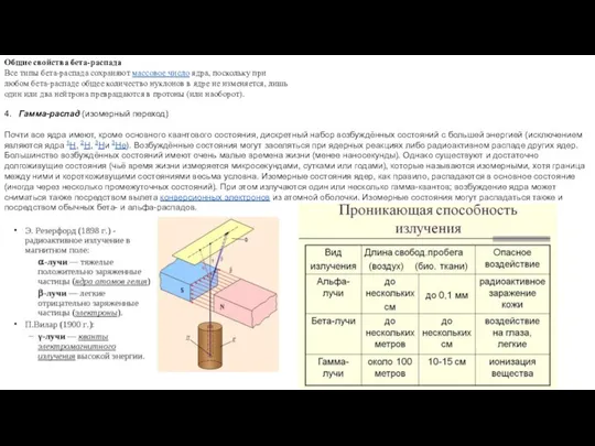 Общие свойства бета-распада Все типы бета-распада сохраняют массовое число ядра, поскольку