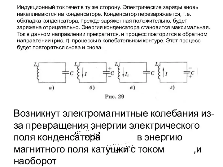 Возникнут электромагнитные колебания из-за превращения энергии электрического поля конденсатора в энергию