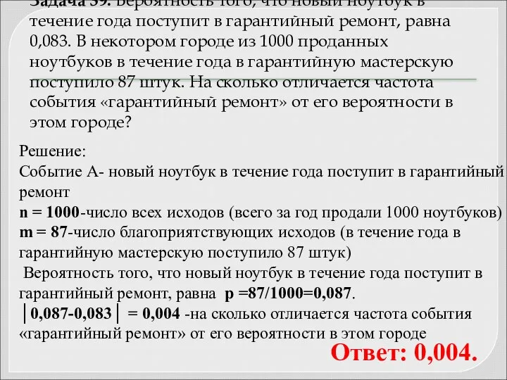 Задача 39. Вероятность того, что новый ноутбук в течение года поступит