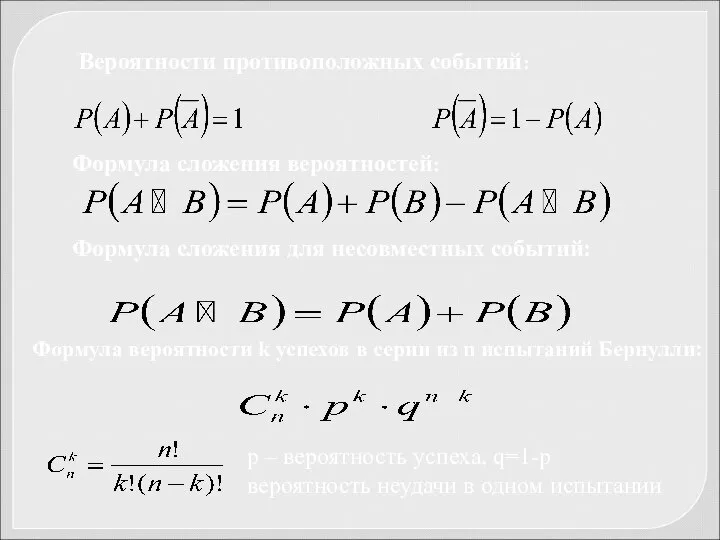 Вероятности противоположных событий: Формула сложения вероятностей: Формула сложения для несовместных событий: