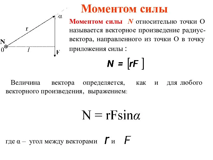 Моментом силы Моментом силы N относительно точки О называется векторное произведение