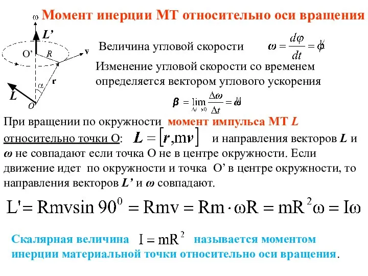 Момент инерции МТ относительно оси вращения Величина угловой скорости При вращении