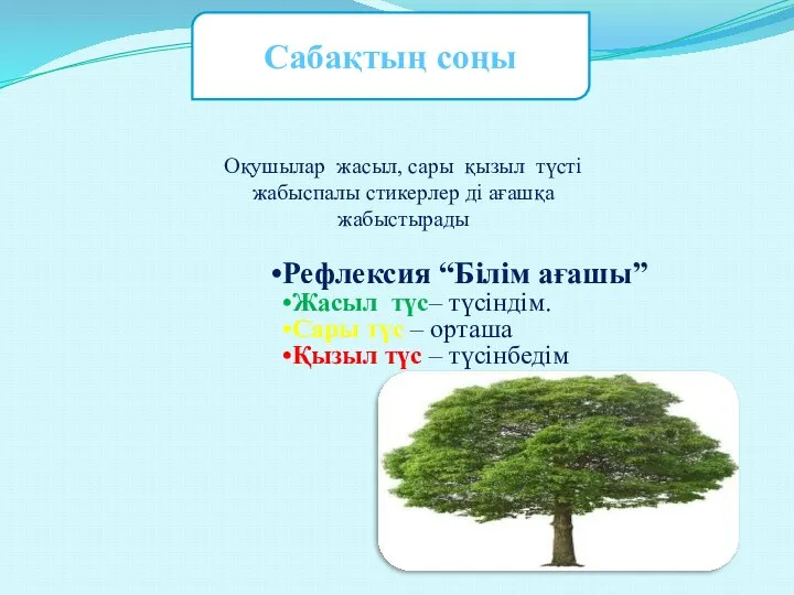 Сабақтың соңы Рефлексия “Білім ағашы” Жасыл түс– түсіндім. Сары түс –