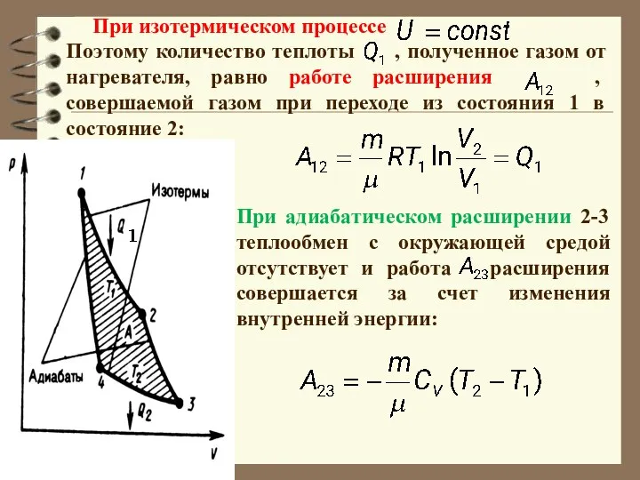 Поэтому количество теплоты , полученное газом от нагревателя, равно работе расширения