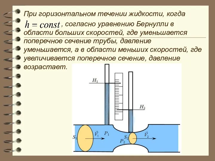 При горизонтальном течении жидкости, когда , согласно уравнению Бернулли в области