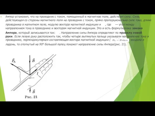 Ампер установил, что на проводник с током, помещенный в магнитное поле,