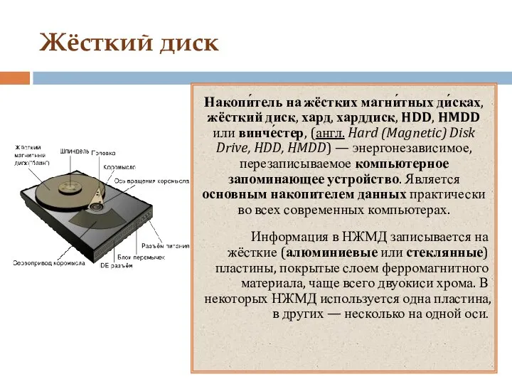 Жёсткий диск Накопи́тель на жёстких магни́тных ди́сках, жёсткий диск, хард, харддиск,