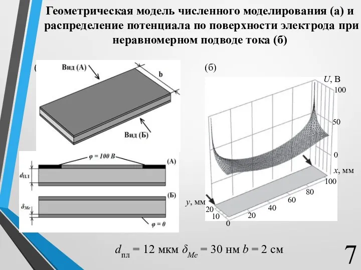 Геометрическая модель численного моделирования (а) и распределение потенциала по поверхности электрода