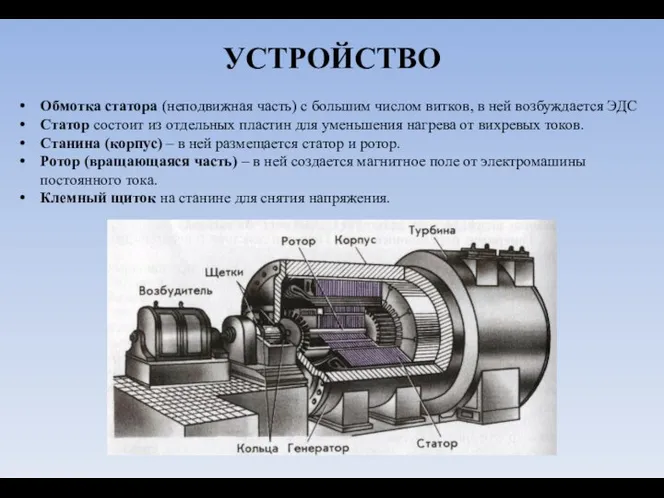 УСТРОЙСТВО Обмотка статора (неподвижная часть) с большим числом витков, в ней