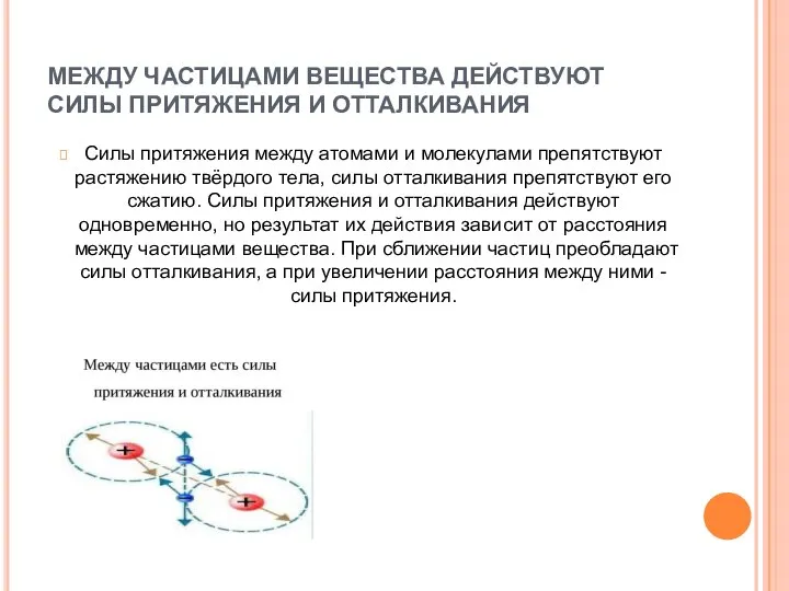 МЕЖДУ ЧАСТИЦАМИ ВЕЩЕСТВА ДЕЙСТВУЮТ СИЛЫ ПРИТЯЖЕНИЯ И ОТТАЛКИВАНИЯ Силы притяжения между