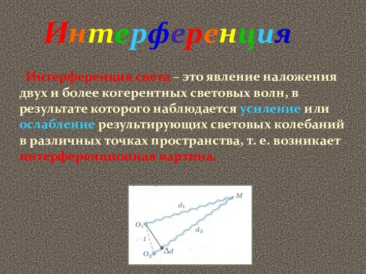 Интерференция Интерференция света – это явление наложения двух и более когерентных