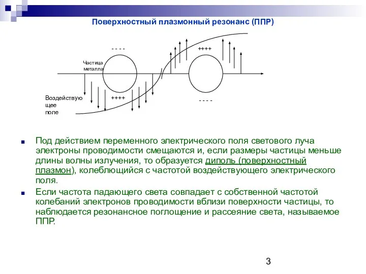 Поверхностный плазмонный резонанс (ППР) Под действием переменного электрического поля светового луча