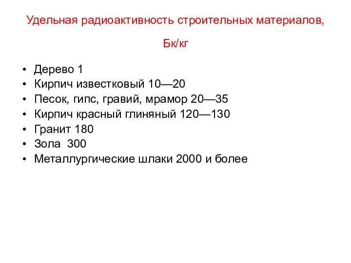 Удельная радиоактивность строительных материалов, Бк/кг Дерево 1 Кирпич известковый 10—20 Песок,