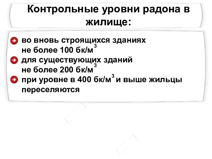 Контрольные уровни радона в жилище: во вновь строящихся зданиях не более