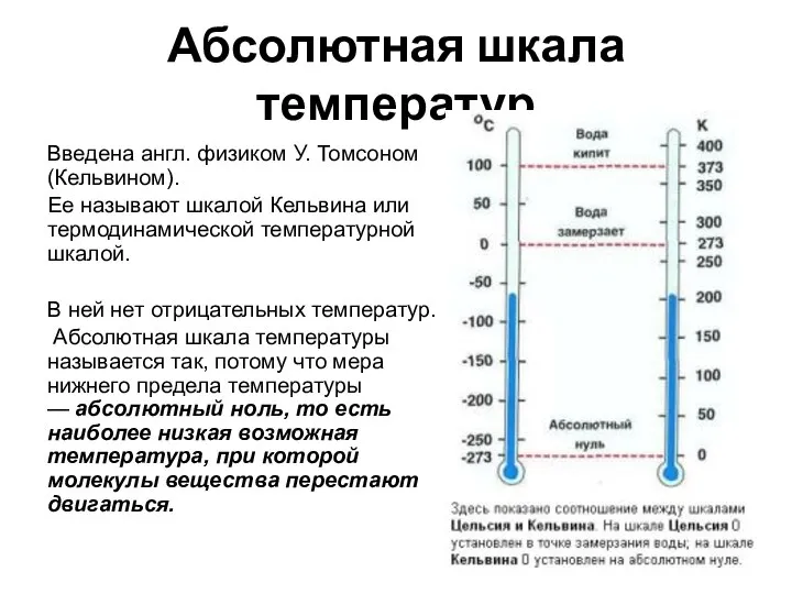 Абсолютная шкала температур Введена англ. физиком У. Томсоном(Кельвином). Ее называют шкалой