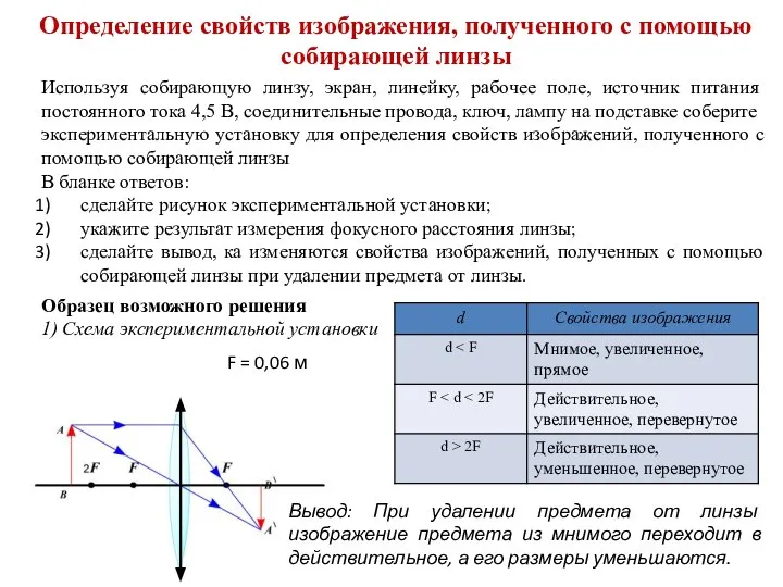 Определение свойст­в изображения, полученного с помощью собирающей линзы Используя собирающую линзу,