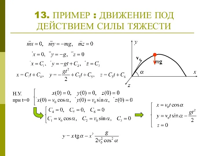 13. ПРИМЕР : ДВИЖЕНИЕ ПОД ДЕЙСТВИЕМ СИЛЫ ТЯЖЕСТИ Н.У. при t=0