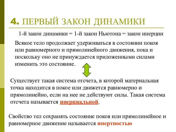 4. ПЕРВЫЙ ЗАКОН ДИНАМИКИ Всякое тело продолжает удерживаться в состоянии покоя