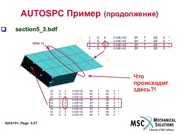 AUTOSPC Пример (продолжение) section5_3.bdf 1 G 6 0.00E+00 BF F SB