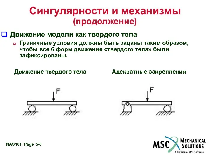 Сингулярности и механизмы (продолжение) Движение модели как твердого тела Граничные условия