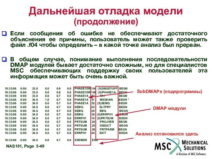 Дальнейшая отладка модели (продолжение) Если сообщения об ошибке не обеспечивают достаточного