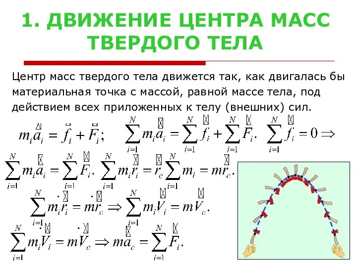 1. ДВИЖЕНИЕ ЦЕНТРА МАСС ТВЕРДОГО ТЕЛА Центр масс твердого тела движется