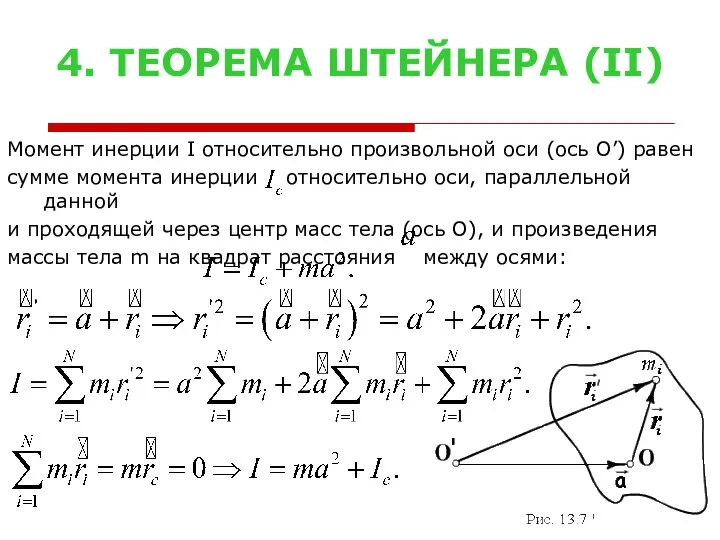 4. ТЕОРЕМА ШТЕЙНЕРА (II) Момент инерции I относительно произвольной оси (ось