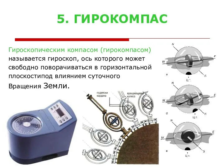 5. ГИРОКОМПАС Гироскопическим компасом (гирокомпасом) называется гироскоп, ось которого может свободно