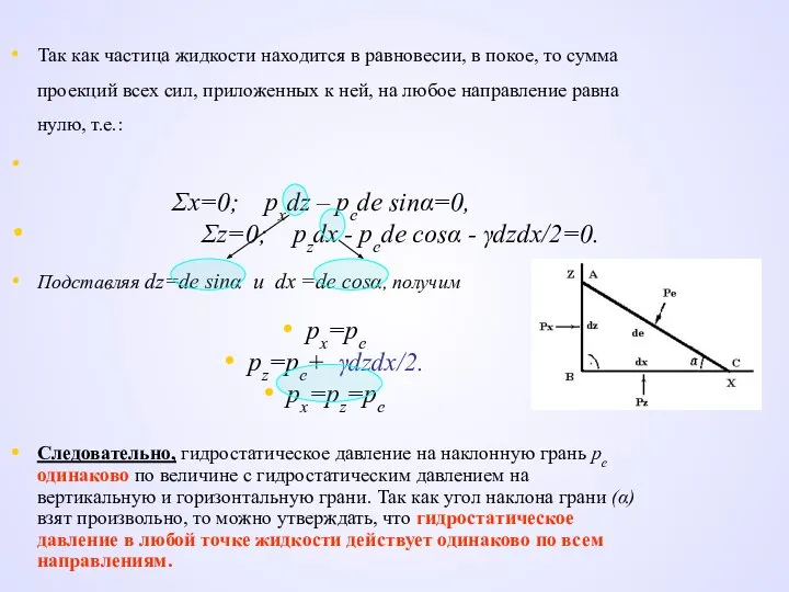 Так как частица жидкости находится в равновесии, в покое, то сумма