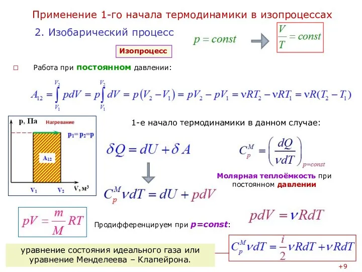 Применение 1-го начала термодинамики в изопроцессах Работа при постоянном давлении: 2.