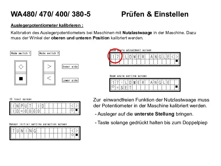 Auslegerpotentiometer kalibrieren : Kalibration des Auslegerpotentiometers bei Maschinen mit Nutzlastwaage in