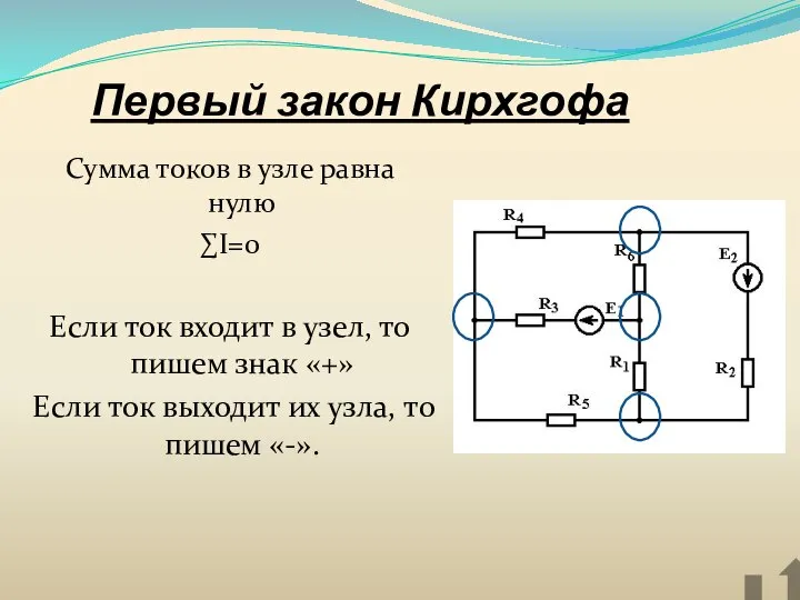 Первый закон Кирхгофа Сумма токов в узле равна нулю ∑I=0 Если