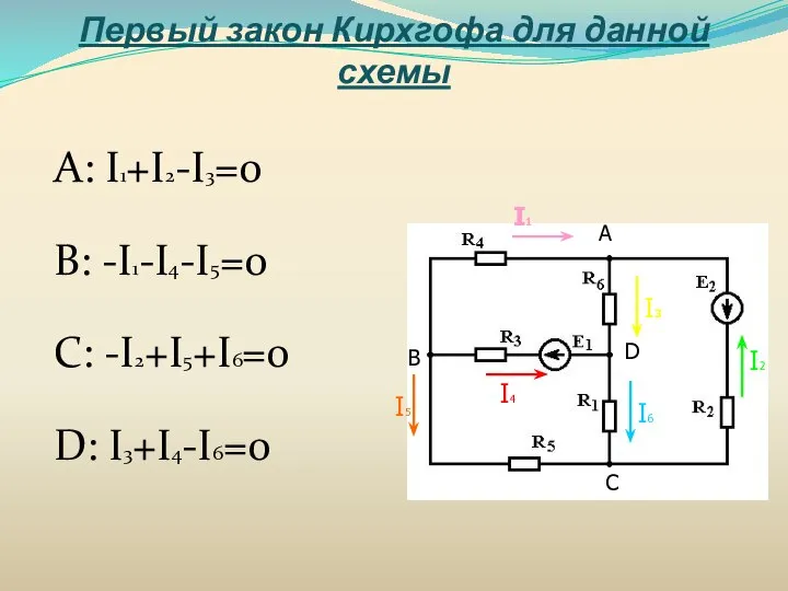 Первый закон Кирхгофа для данной схемы А: I1+I2-I3=0 B: -I1-I4-I5=0 C: