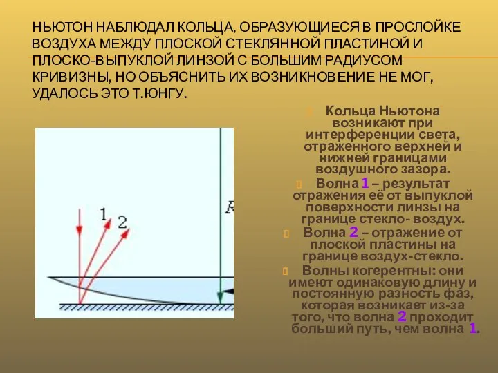 НЬЮТОН НАБЛЮДАЛ КОЛЬЦА, ОБРАЗУЮЩИЕСЯ В ПРОСЛОЙКЕ ВОЗДУХА МЕЖДУ ПЛОСКОЙ СТЕКЛЯННОЙ ПЛАСТИНОЙ