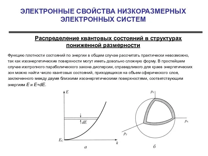 ЭЛЕКТРОННЫЕ СВОЙСТВА НИЗКОРАЗМЕРНЫХ ЭЛЕКТРОННЫХ СИСТЕМ Распределение квантовых состояний в структурах пониженной