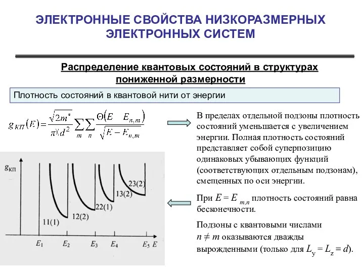 ЭЛЕКТРОННЫЕ СВОЙСТВА НИЗКОРАЗМЕРНЫХ ЭЛЕКТРОННЫХ СИСТЕМ Распределение квантовых состояний в структурах пониженной