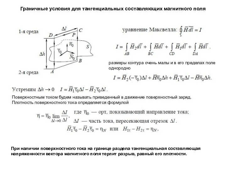 Граничные условия для тангенциальных составляющих магнитного поля размеры контура очень малы