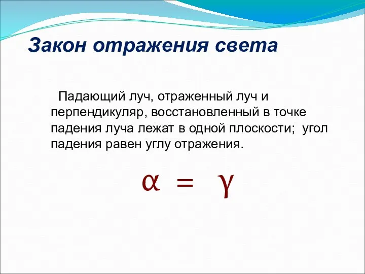 Закон отражения света Падающий луч, отраженный луч и перпендикуляр, восстановленный в