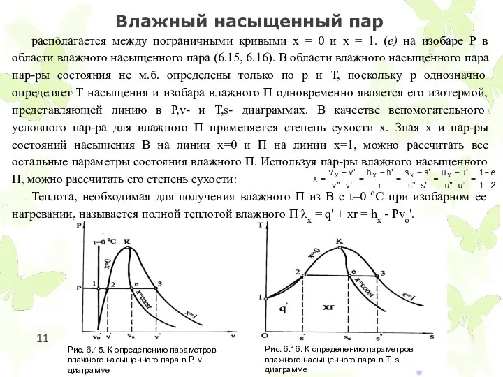 Влажный насыщенный пар располагается между пограничными кривыми x = 0 и